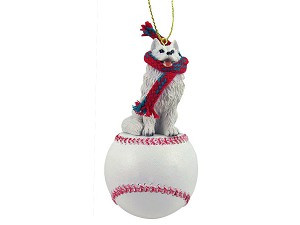 Samoyed Dog on Baseball Christmas Ornament – Hand-Painted Stone Resin
