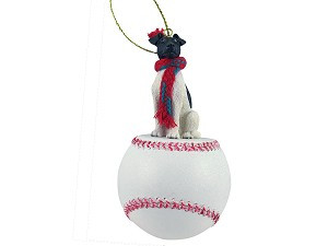 Black & White Fox Terrier Dog on Baseball Christmas Ornament – Hand-Painted Stone Resin