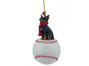 Tan & Black Miniature Pinscher Dog on Baseball Christmas Ornament – Hand-Painted Stone Resin