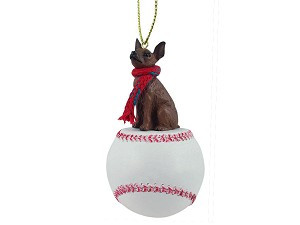 Red & Brown Miniature Pinscher Dog on Baseball Christmas Ornament – Hand-Painted Stone Resin