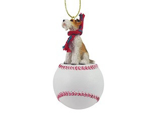 Red Wire Fox Terrier Dog on Baseball Christmas Ornament – Hand-Painted Stone Resin