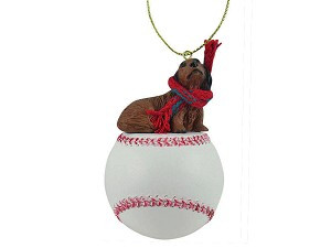 Longhaired Red Dachshund Dog on Baseball Christmas Ornament – Hand-Painted Stone Resin