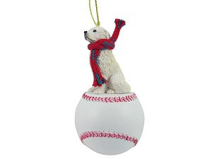 Great Pyrenees Dog on Baseball Christmas Ornament – Hand-Painted Stone Resin