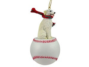 White Kuvasz Dog on Baseball Hanging Ornament – Hand-Painted Stone Resin
