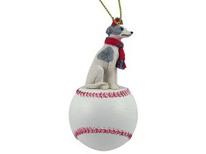 Gray & White Whippet Dog on Baseball Christmas Ornament – Hand-Painted Stone Resin