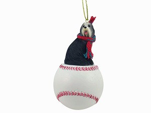 Bearded Collie Dog on Baseball Christmas Ornament – Hand-Painted Stone Resin