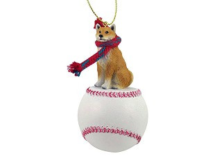 Shiba Inu Dog on Baseball Christmas Ornament – Hand-Painted Stone Resin