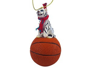 White Tiger on Basketball Christmas Ornament – Hand-Painted Stone Resin