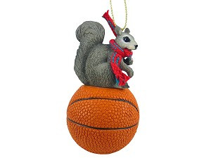 Gray Squirrel on Basketball Christmas Ornament – Hand-Painted Stone Resin