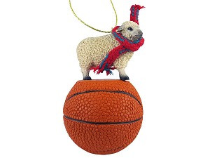 White Sheep on Basketball Hanging Ornament – Hand-Painted Stone Resin