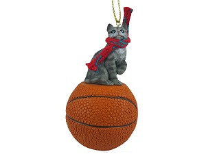 Silver Shorthaired Tabby Cat on Basketball Christmas Ornament – Hand-Painted Stone Resin