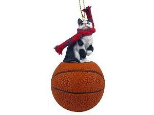 Black & White Shorthaired Tabby Cat on Basketball Christmas Ornament – Hand-Painted Stone Resin