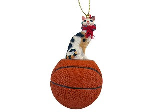 Tortoise & White Cornish Rex Cat on Basketball Christmas Ornament – Hand-Painted Stone Resin