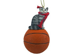 Silver Tabby Maine Coon Cat on Basketball Christmas Ornament – Hand-Painted Stone Resin