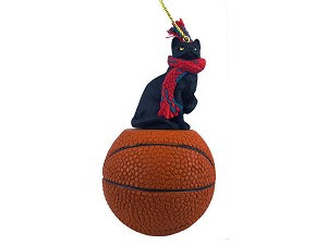 Black Shorthaired Tabby Cat on Basketball Hanging Ornament – Hand-Painted Stone Resin