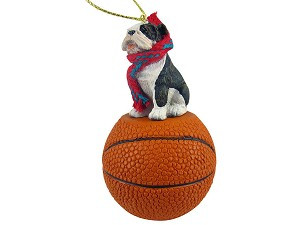 Brindle Bulldog on Basketball Christmas Ornament – Hand-Painted Stone Resin