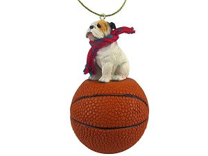 White Bulldog on Basketball Christmas Ornament – Hand-Painted Stone Resin