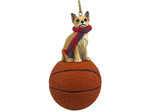 Tan & White Chihuahua Dog on Basketball Christmas Ornament – Hand-Painted Stone Resin