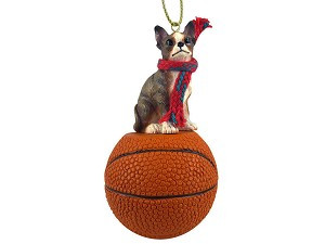 Brindle & White Chihuahua Dog on Basketball Christmas Ornament – Hand-Painted Stone Resin
