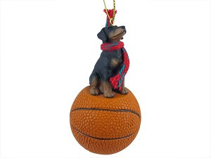 Black Uncropped Ears Doberman Pinscher Dog on Basketball Christmas Ornament