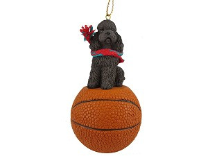 Chocolate Sport Cut Poodle Dog on Basketball Christmas Ornament – Hand-Painted Stone Resin