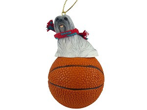 Gray Lhasa Apso Dog on Basketball Christmas Ornament – Hand-Painted Stone Resin