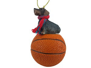 Wirehaired Dachshund Dog on Basketball Christmas Ornament – Hand-Painted Stone Resin