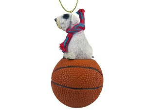 Sealyham Terrier Dog on Basketball Christmas Ornament – Hand-Painted Stone Resin