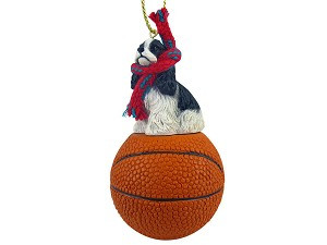 Black & White Cocker Spaniel Dog on Basketball Christmas Ornament – Hand-Painted Stone Resin
