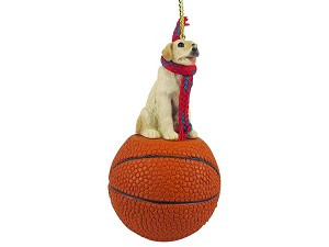 Yellow Labrador Retriever Dog on Basketball Christmas Ornament – Hand-Painted Stone Resin