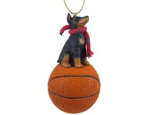 Black with Cropped Ears Doberman Pinscher Dog on Basketball Christmas Ornament