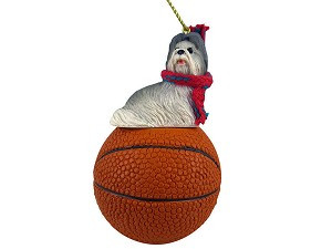 Gray Shih Tzu Dog on Basketball Christmas Ornament – Hand-Painted Stone Resin