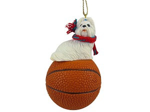 White Shih Tzu Dog on Basketball Christmas Ornament – Hand-Painted Stone Resin
