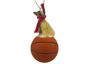 Tan & White Afghan Hound Dog on Basketball Hanging Ornament – Hand-Painted Stone Resin