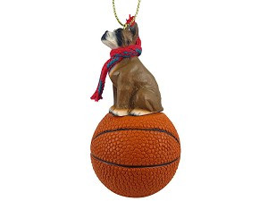 Brown Boxer Dog on Basketball Christmas Ornament – Hand-Painted Stone Resin