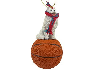 Samoyed Dog on Basketball Christmas Ornament – Hand-Painted Stone Resin