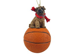 Brown Shar Pei Dog on Basketball Christmas Ornament – Hand-Painted Stone Resin