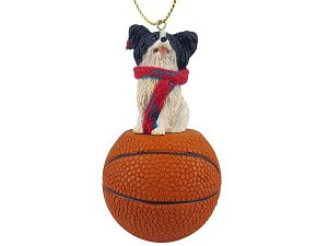 Black & White Papillon Dog on Basketball Christmas Ornament – Hand-Painted Stone Resin