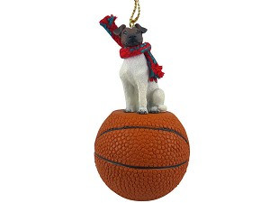 Brown & White Fox Terrier Dog on Basketball Christmas Ornament – Hand-Painted Stone Resin