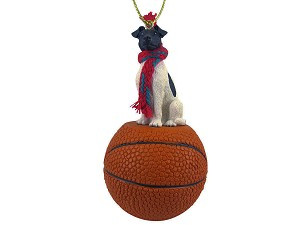 Black & White Fox Terrier Dog on Basketball Christmas Ornament – Hand-Painted Stone Resin