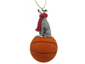 Blue White Greyhound Dog on Basketball Christmas Ornament – Hand-Painted Stone Resin
