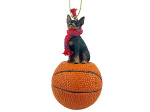 Tan & Black Miniature Pinscher Dog on Basketball Christmas Ornament – Hand-Painted Stone Resin