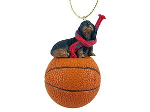 Longhaired Black Dachshund Dog on Basketball Christmas Ornament – Hand-Painted Stone Resin