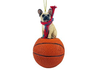 Fawn French Bulldog on Basketball Hanging Ornament – Hand-Painted Stone Resin