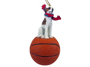 Brindle & White Whippet Dog on Basketball Christmas Ornament – Hand-Painted Stone Resin