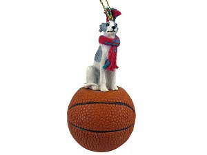 Gray & White Whippet Dog on Basketball Christmas Ornament – Hand-Painted Stone Resin