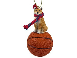 Shiba Inu Dog on Basketball Christmas Ornament – Hand-Painted Stone Resin
