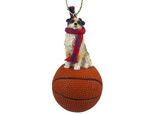 Brown Australian Shepherd Dog on Basketball Christmas Ornament – Hand-Painted Stone Resin