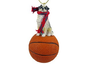 Blue Australian Shepherd Dog on Basketball Christmas Ornament – Hand-Painted Stone Resin
