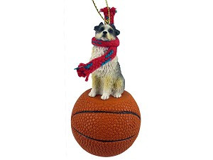 Blue Docked Tail Australian Shepherd Dog on Basketball Christmas Ornament – Hand-Painted Stone Resin